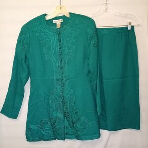 Justin Taylor Sz 8 Skirt Suit Green Embroidered Tunic Lined Elastic Vintage F4